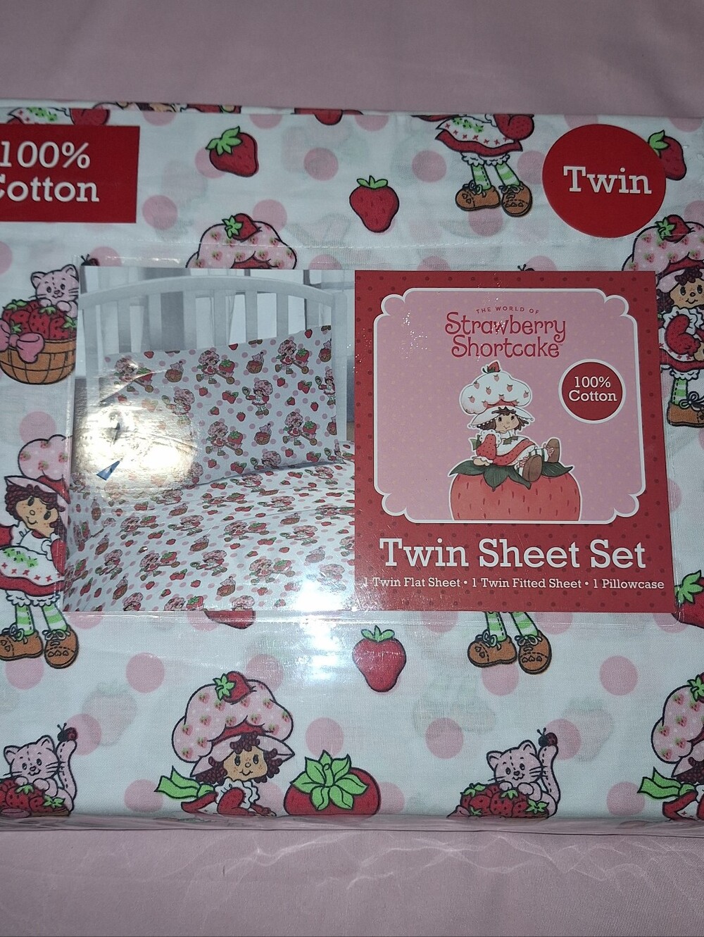 Strawberry Shortcake Twin Sheet Set - White & Red Strawberry Print - New